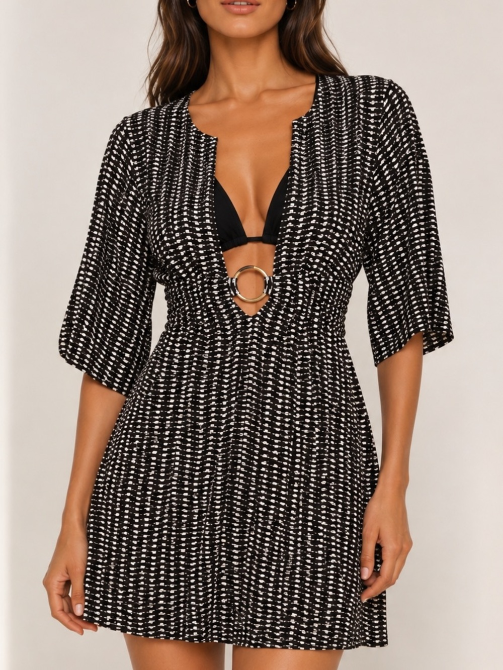 Shoshanna Silk Blend Cover-Up Tan Geometric Ring Detail Mini Dress
